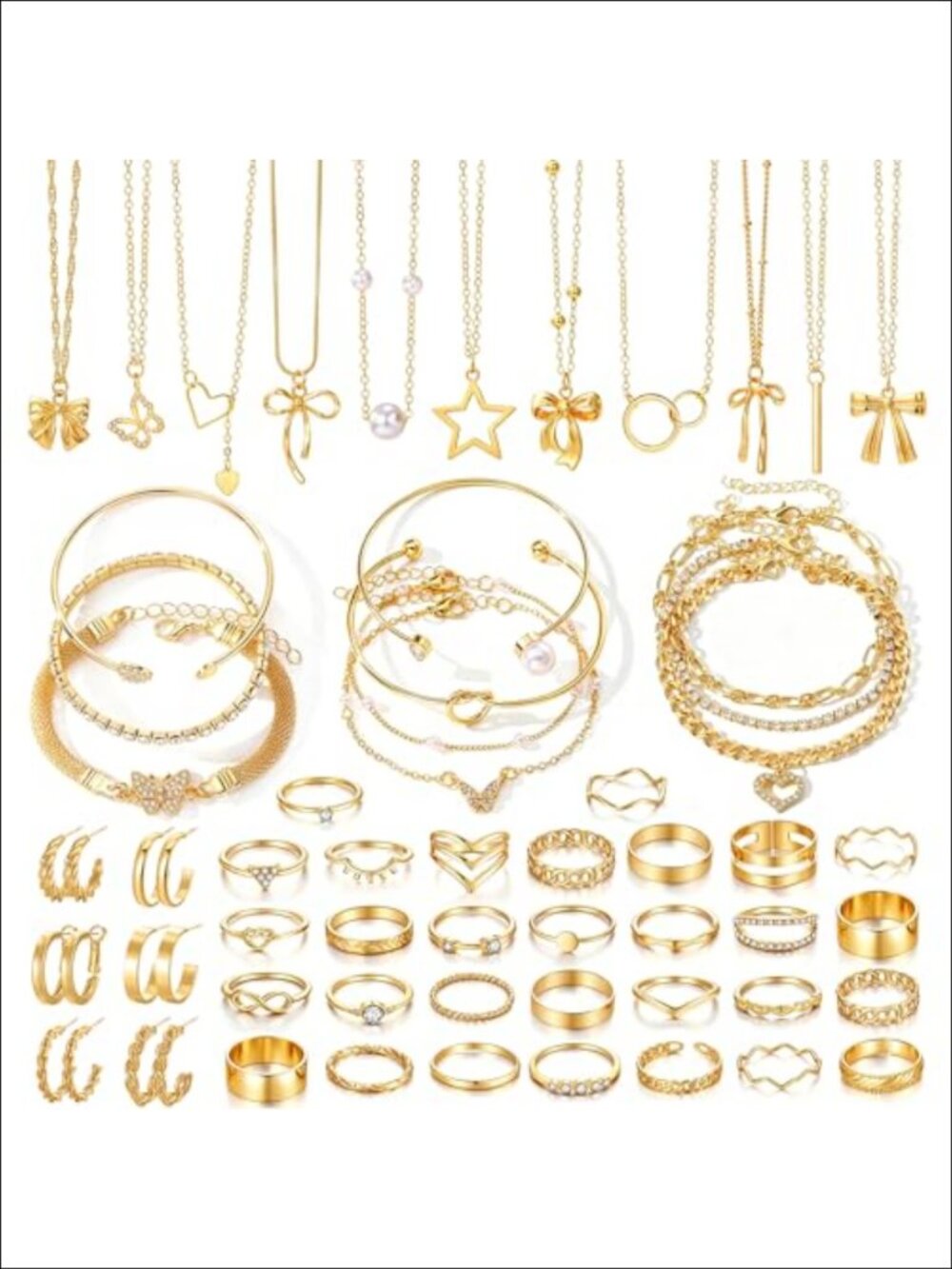 57 Pc Gold Plated Jewelry Set Hoop Stud Earrings Rings Necklaces